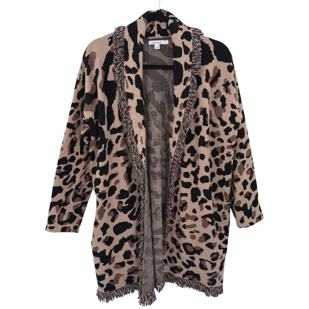 Chico's Leopard Print Fringe Trim Open Front Cardigan Sweater Metallic Tan Siz 1